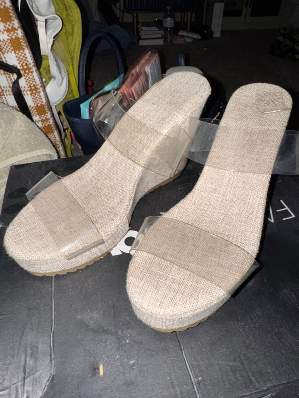 Clear Strap Beige Wedge Slide Sandals